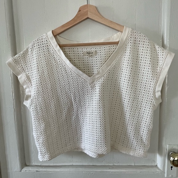 Madewell Crop Tee Womens Large White Mesh Playful Minimalist Basic With Edge - Picture 1 of 7
